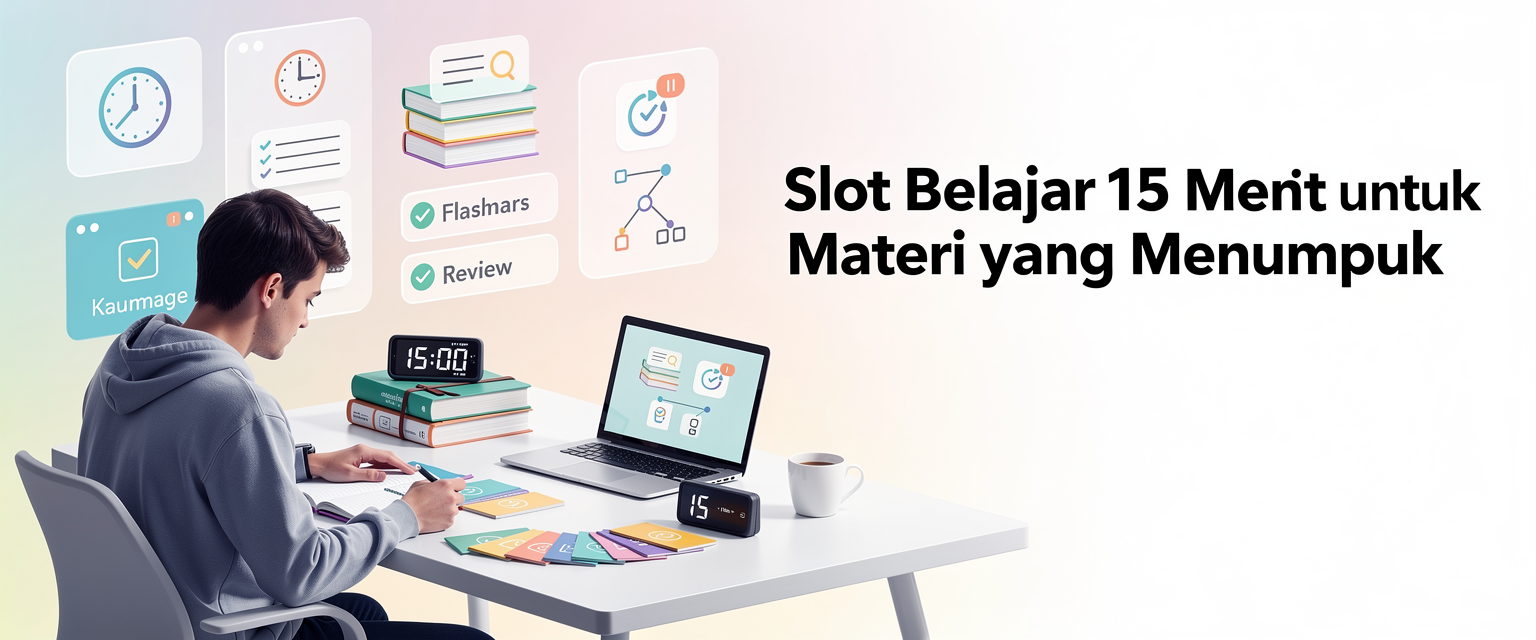 Ilustrasi slot belajar 15 menit untuk materi yang menumpuk untuk Kimslot dengan tema Knowledge in Minutes untuk slot belajar singkat, flashcard, rangkuman, dan review materi.